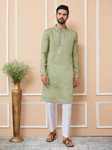 Olive Embroidered Chanderi Silk Straight Kurta Pyjama - Fabmade