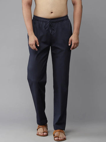 Men's Navy Blue Cotton Linen Pyjama - Fabmade