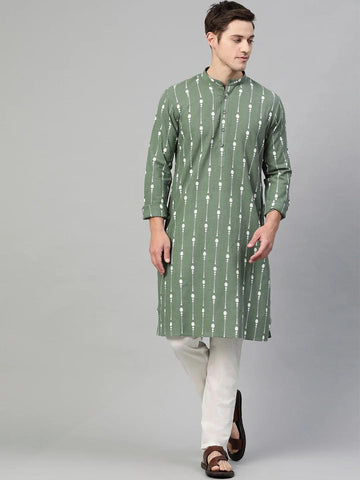 green and white printed straight kurta pyjama - Fabmade