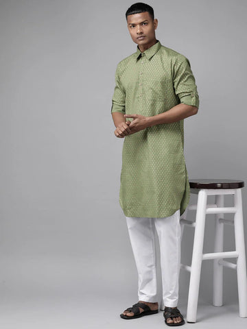 Pure Cotton Olive Green Printed Pathani Kurta Pyjama (Copy) - Fabmade