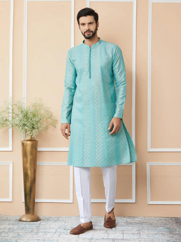 Men Ice Green Chanderi Silk Kurta Pyjama - Fabmade