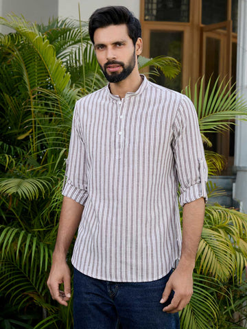 Brown Woven Striped Cotton Short Kurta