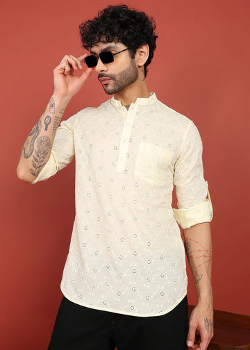 Men’s cotton linen short kurta with mandarin collar and full sleeves for casual ethnic wear