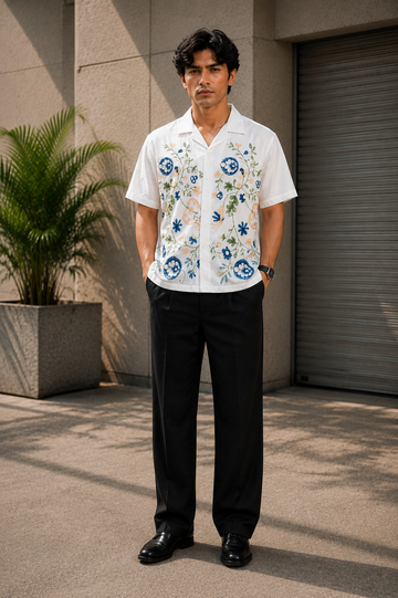 White Floral Linen Shirt for Men