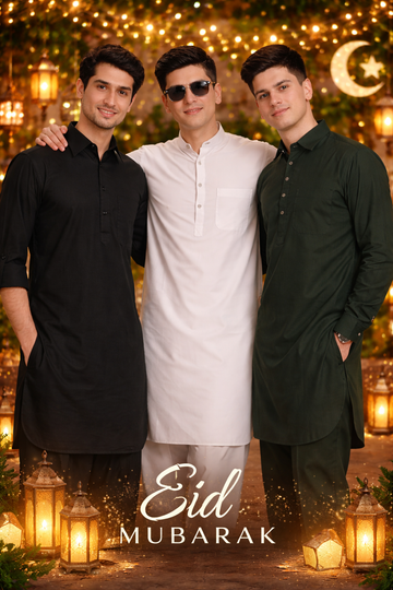 Man wearing a clean, modern kurta pajama outfit during Eid celebration outdoors, greeting a friend in a garden setting with a festive and elegant style.