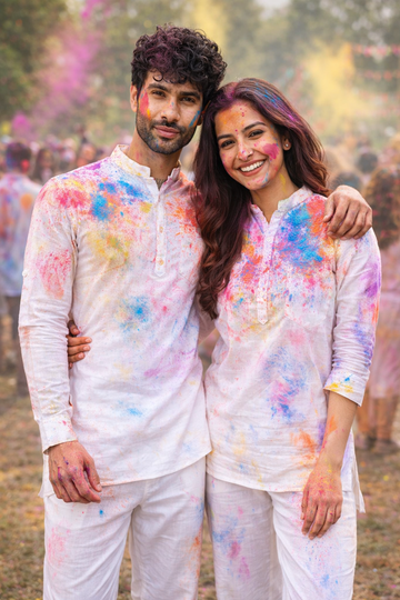 Holi festive collection featuring men and women wearing white and pastel linen co-ord sets and classic Pathani suits, styled for Indian summer celebrations with a fresh, breathable ethnic look.