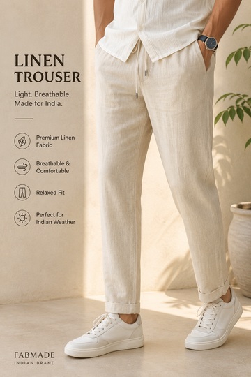 Beat the humidity in Mumbai, Chennai & Bangalore. Discover lightweight, loose-fit men's linen pants and soft cotton lounge pajamas from Fabmade India.