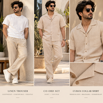 men's beige linen trousers, a matching beige co-ord set, and a beige Cuban collar shirt styled for a modern summer look.