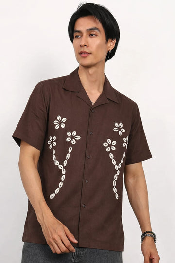 Brown Floral Print Cuban Collar Shirt for Men | Relaxed Fit Half Sleeve Summer Shirt