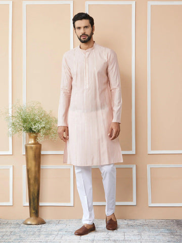 Pink Embroidered Regular Sequinned Chanderi Silk Kurta - Fabmade
