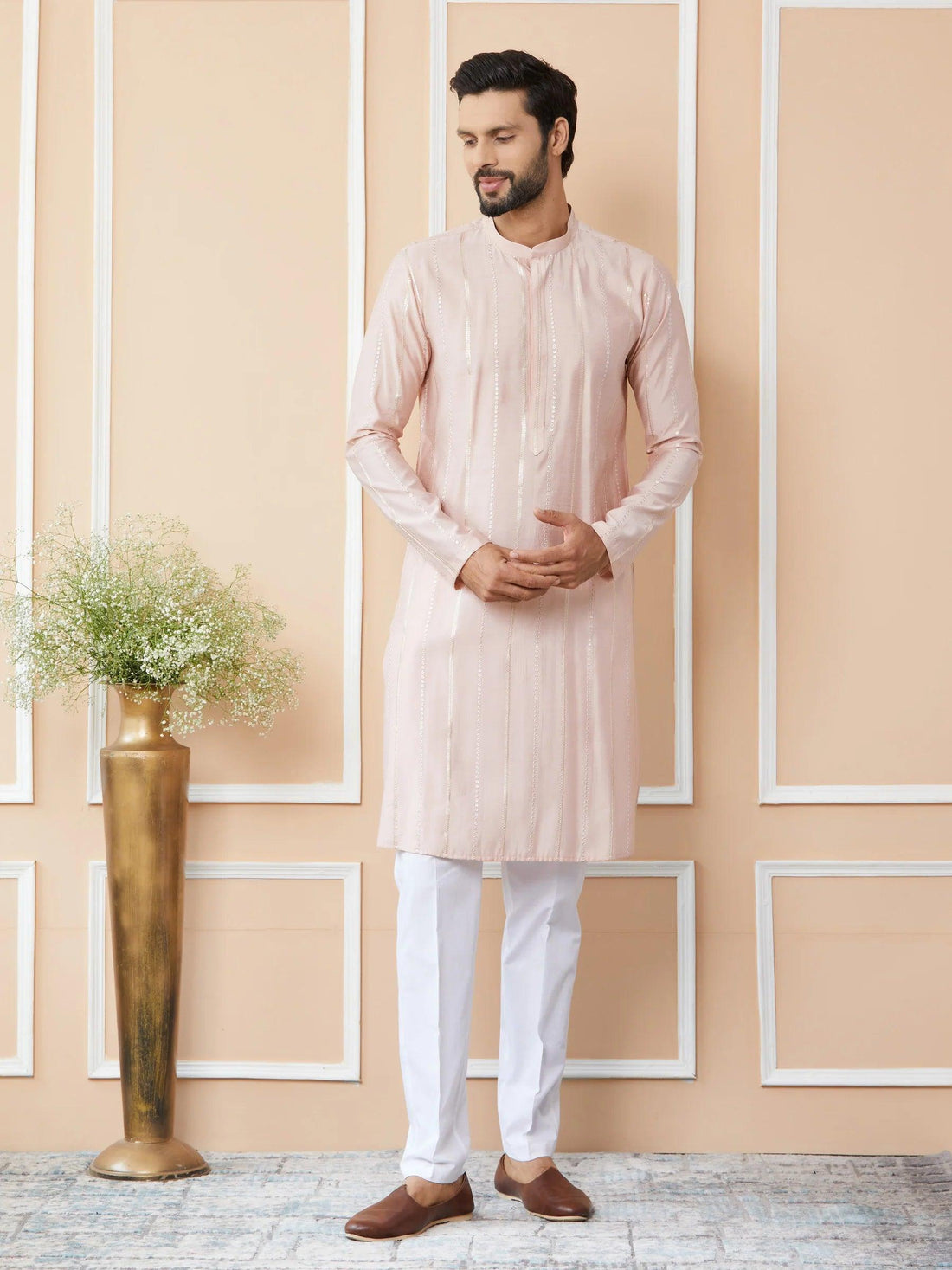 Pink Embroidered Regular Sequinned Chanderi Silk Kurta - Fabmade