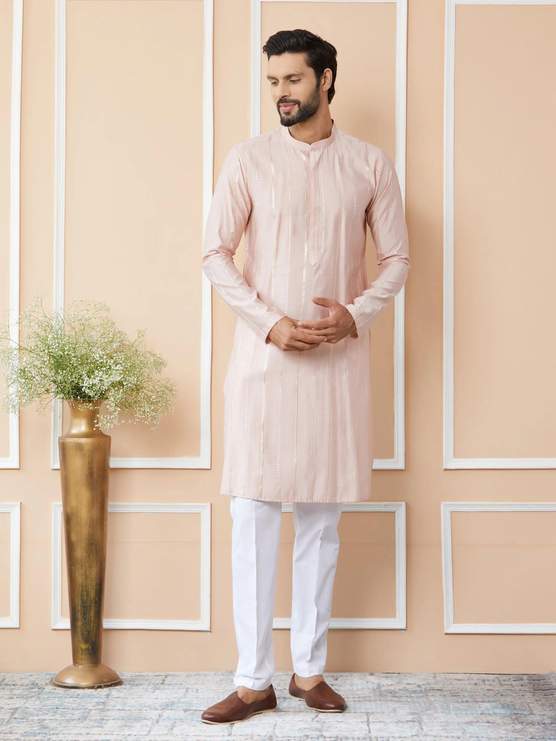 Pink Embroidered Regular Sequinned Chanderi Silk Kurta - Fabmade
