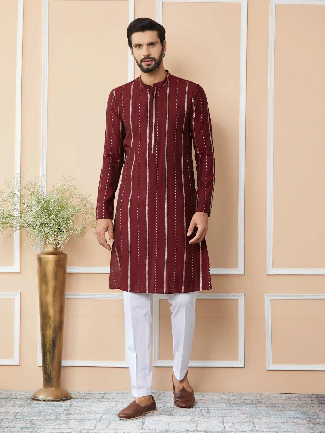 Maroon Sequins Embroidered Pure Chanderi Silk Straight Kurta - Fabmade