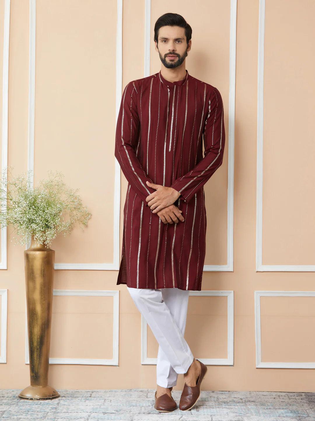 Maroon Sequins Embroidered Pure Chanderi Silk Straight Kurta - Fabmade