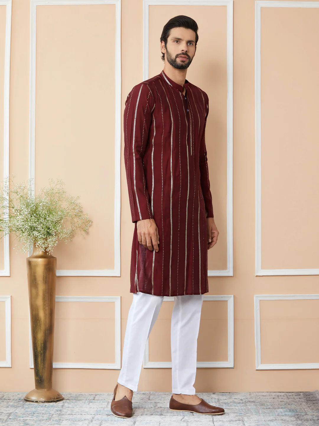 Maroon Sequins Embroidered Pure Chanderi Silk Straight Kurta - Fabmade