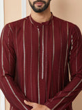 Maroon Sequins Embroidered Pure Chanderi Silk Straight Kurta - Fabmade