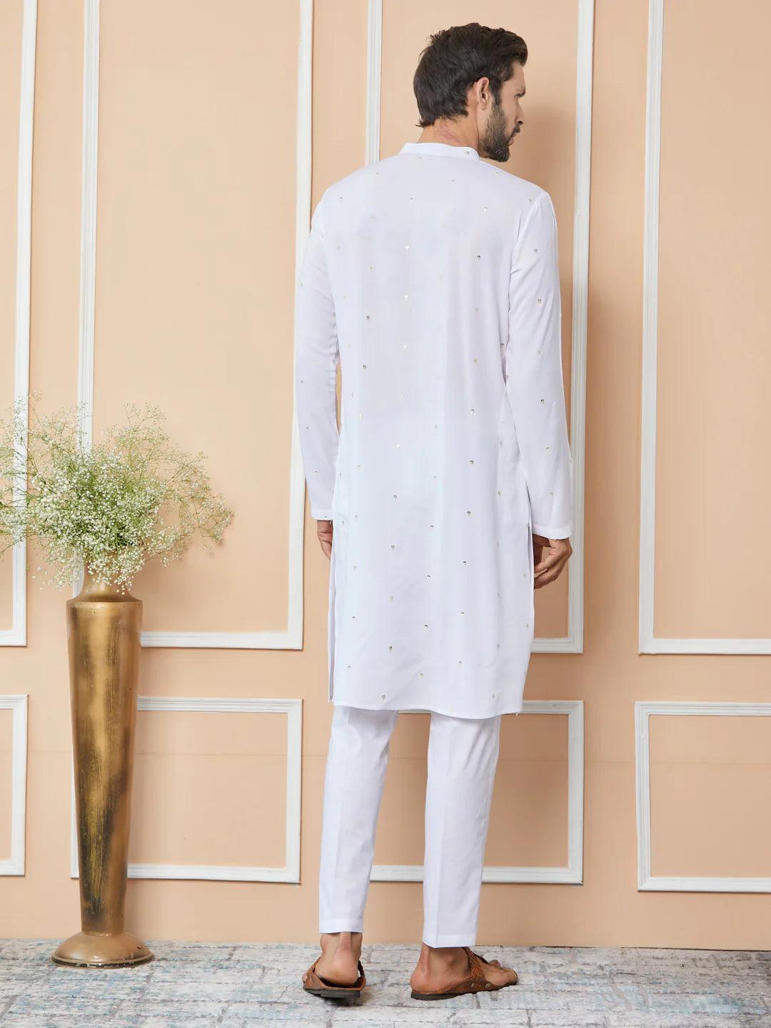 White Sequins Embroidered Rayon Straight Kurta with Yoke Design - Fabmade