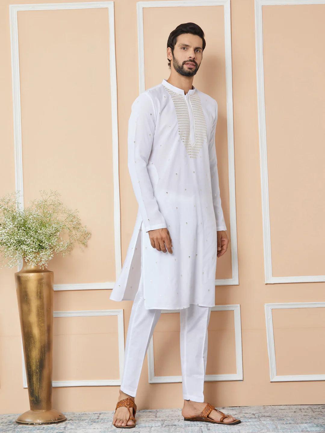 White Sequins Embroidered Rayon Straight Kurta with Yoke Design - Fabmade