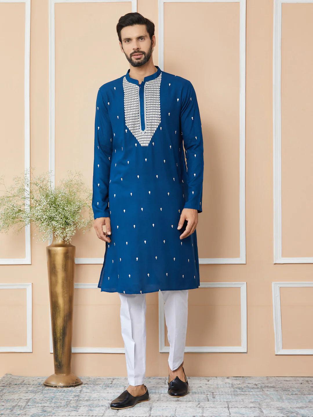 Radiate Elegance with Our Royal Blue Sequins Embroidered Kurta - Fabmade