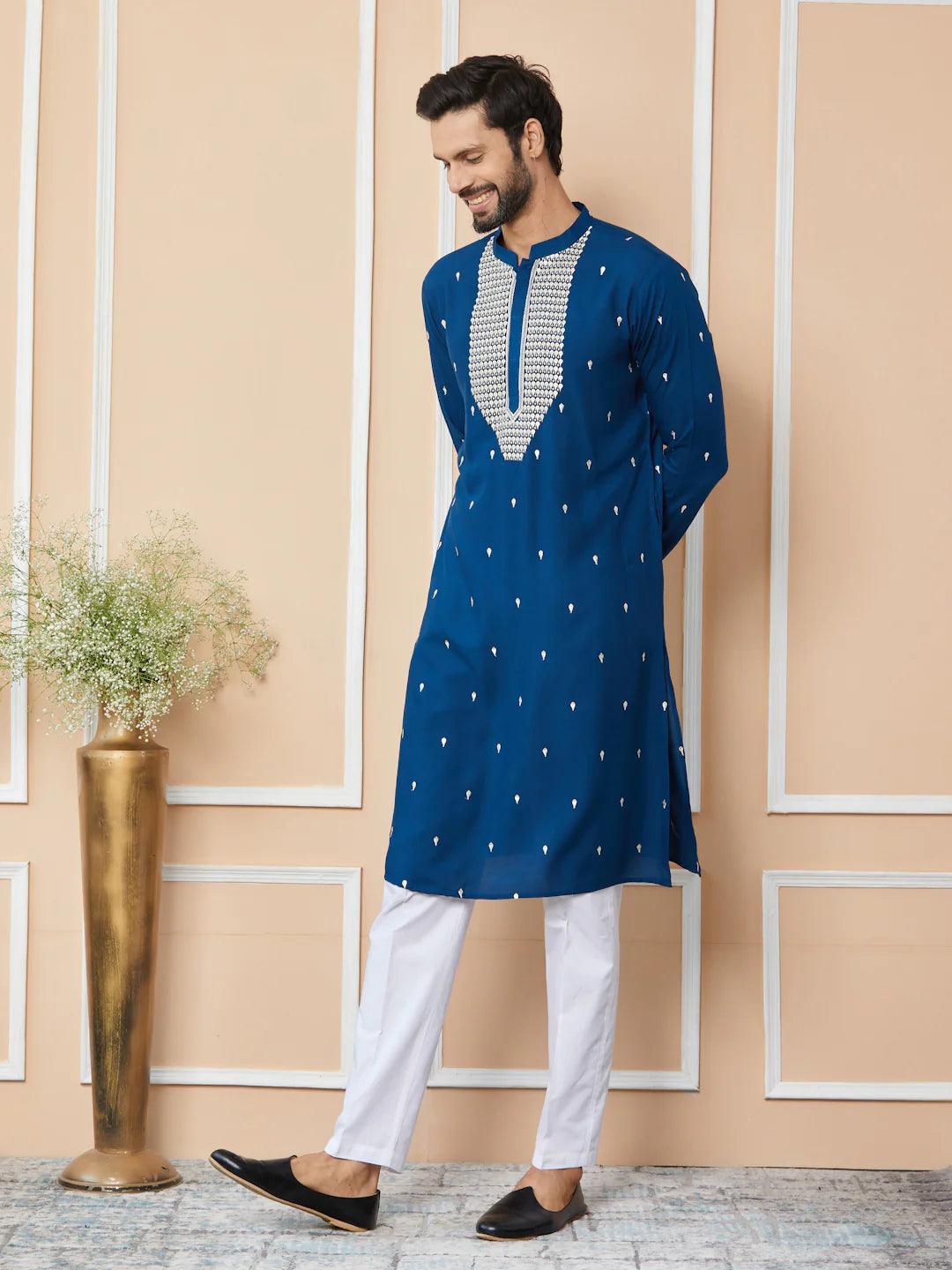 Radiate Elegance with Our Royal Blue Sequins Embroidered Kurta - Fabmade