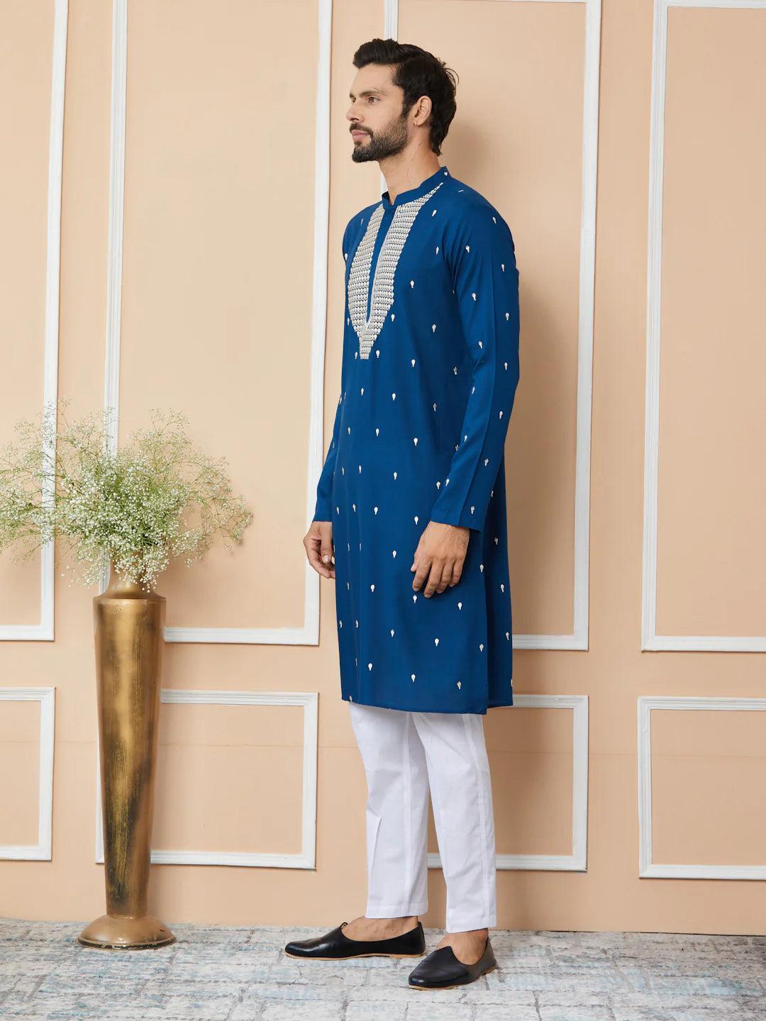 Radiate Elegance with Our Royal Blue Sequins Embroidered Kurta - Fabmade