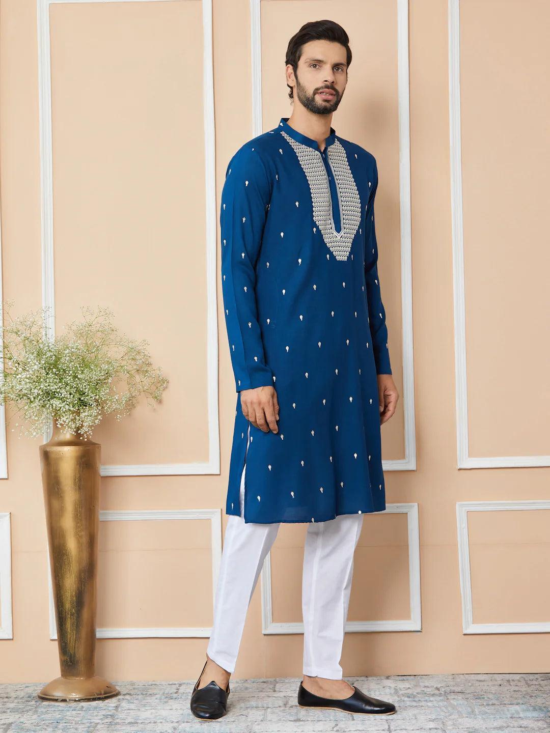 Radiate Elegance with Our Royal Blue Sequins Embroidered Kurta - Fabmade