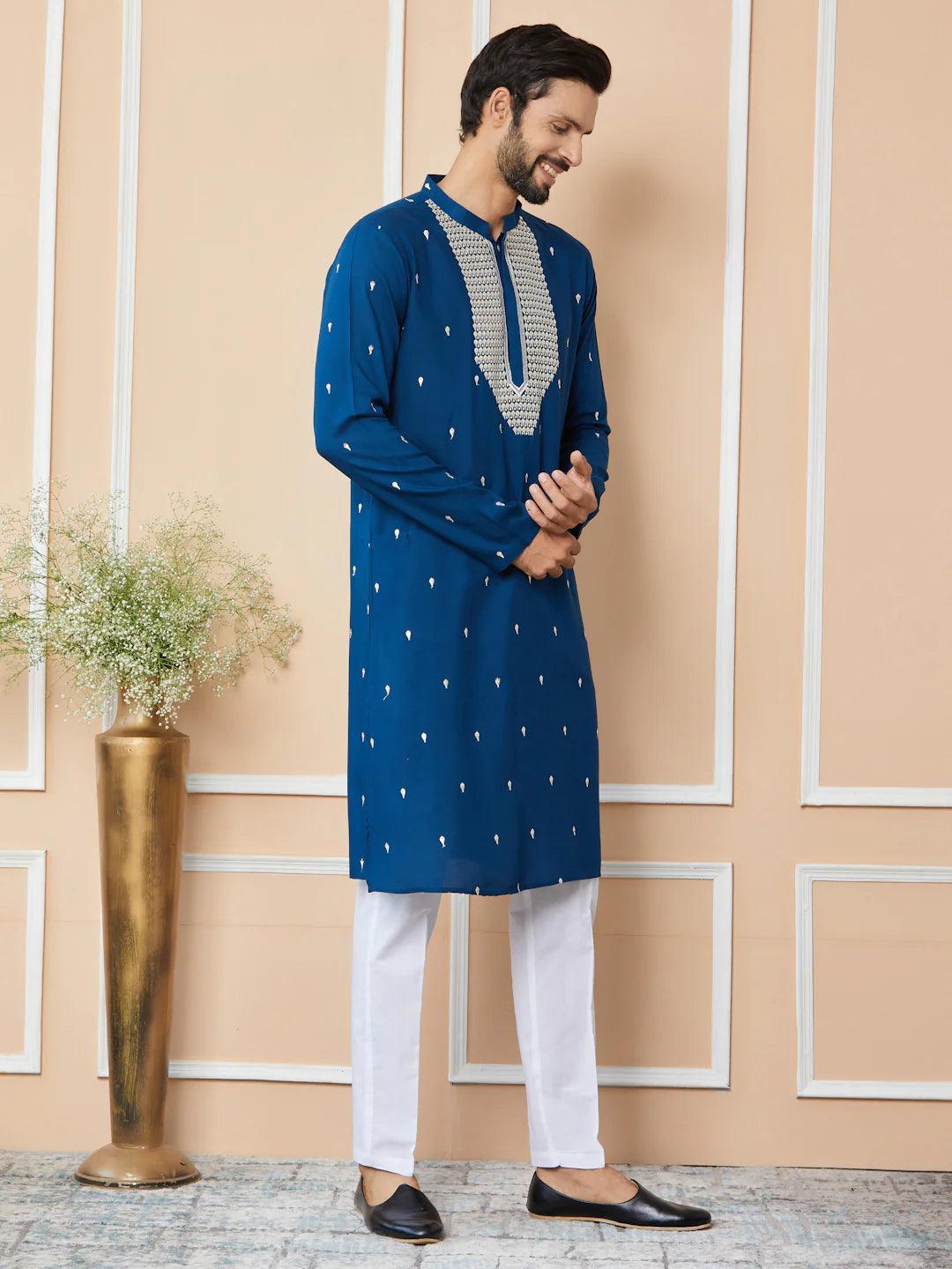 Radiate Elegance with Our Royal Blue Sequins Embroidered Kurta - Fabmade