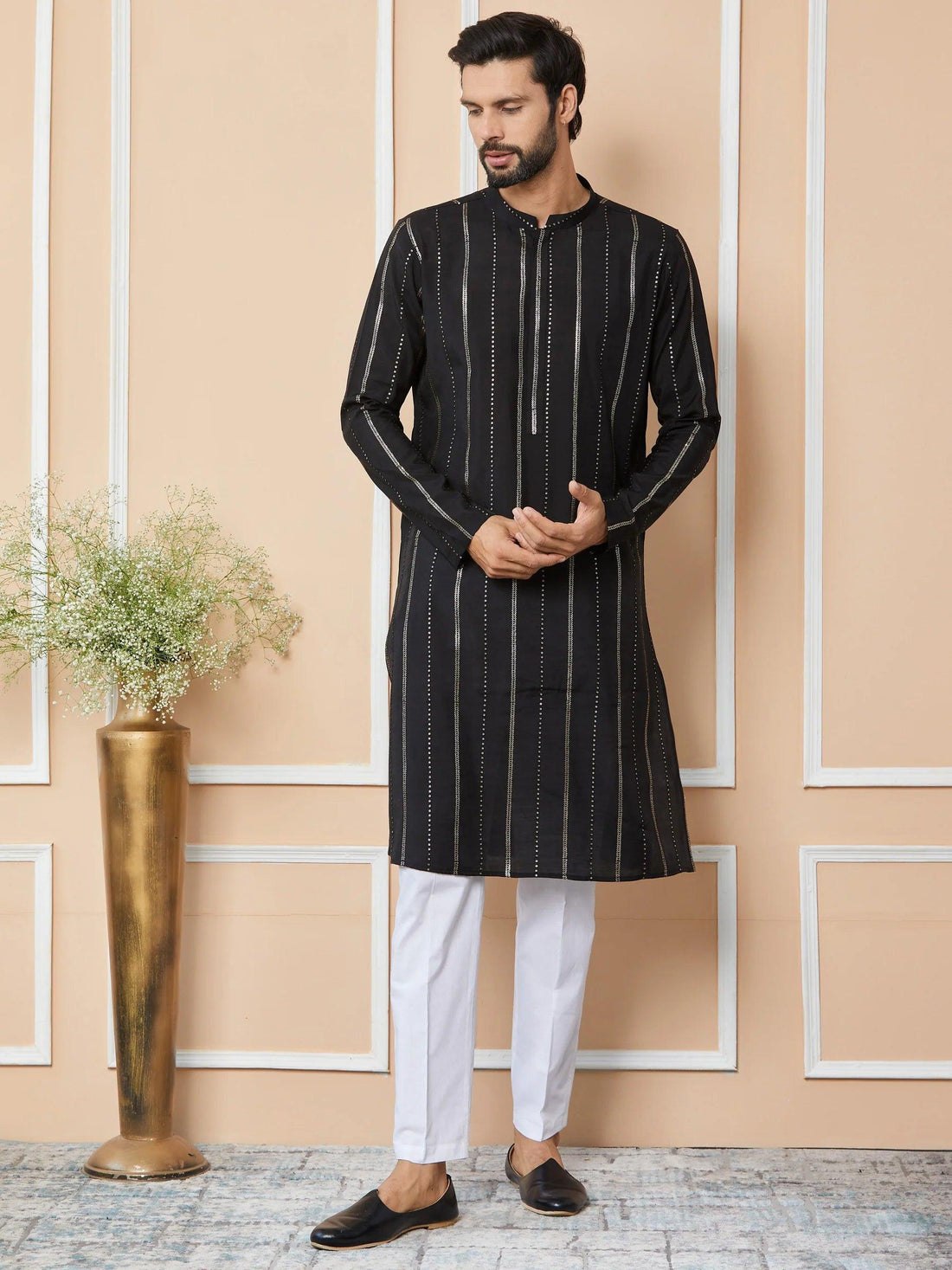 Mandarin Collar Long Sleeves Sequined Straight Kurta - Fabmade
