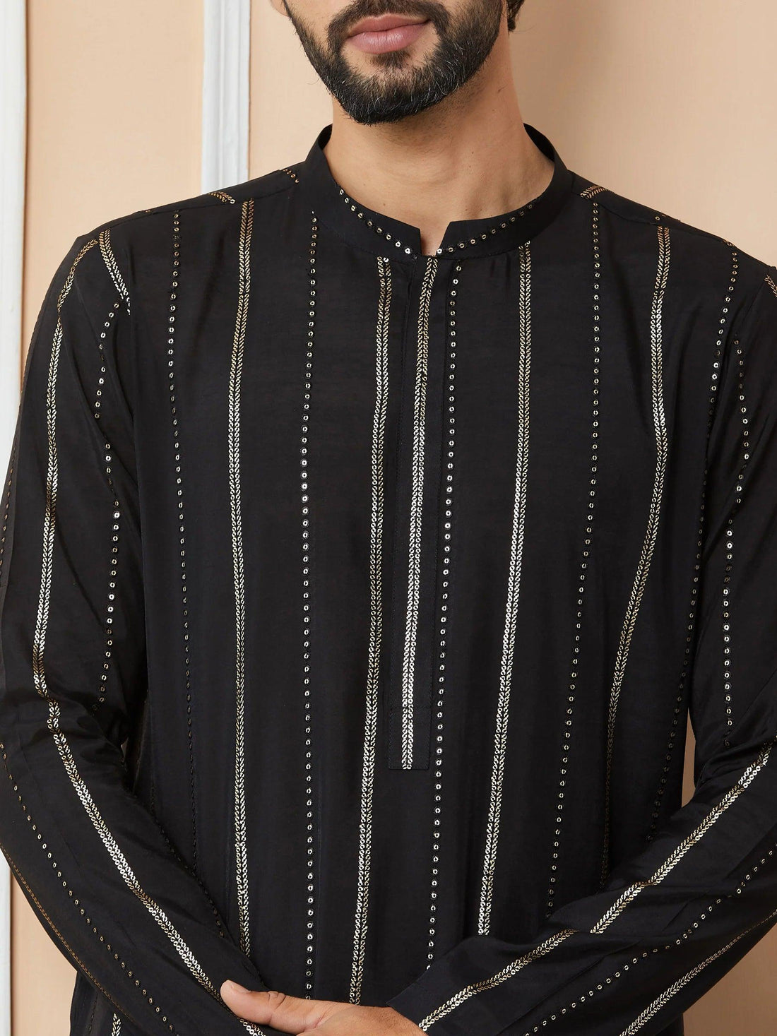 Mandarin Collar Long Sleeves Sequined Straight Kurta - Fabmade