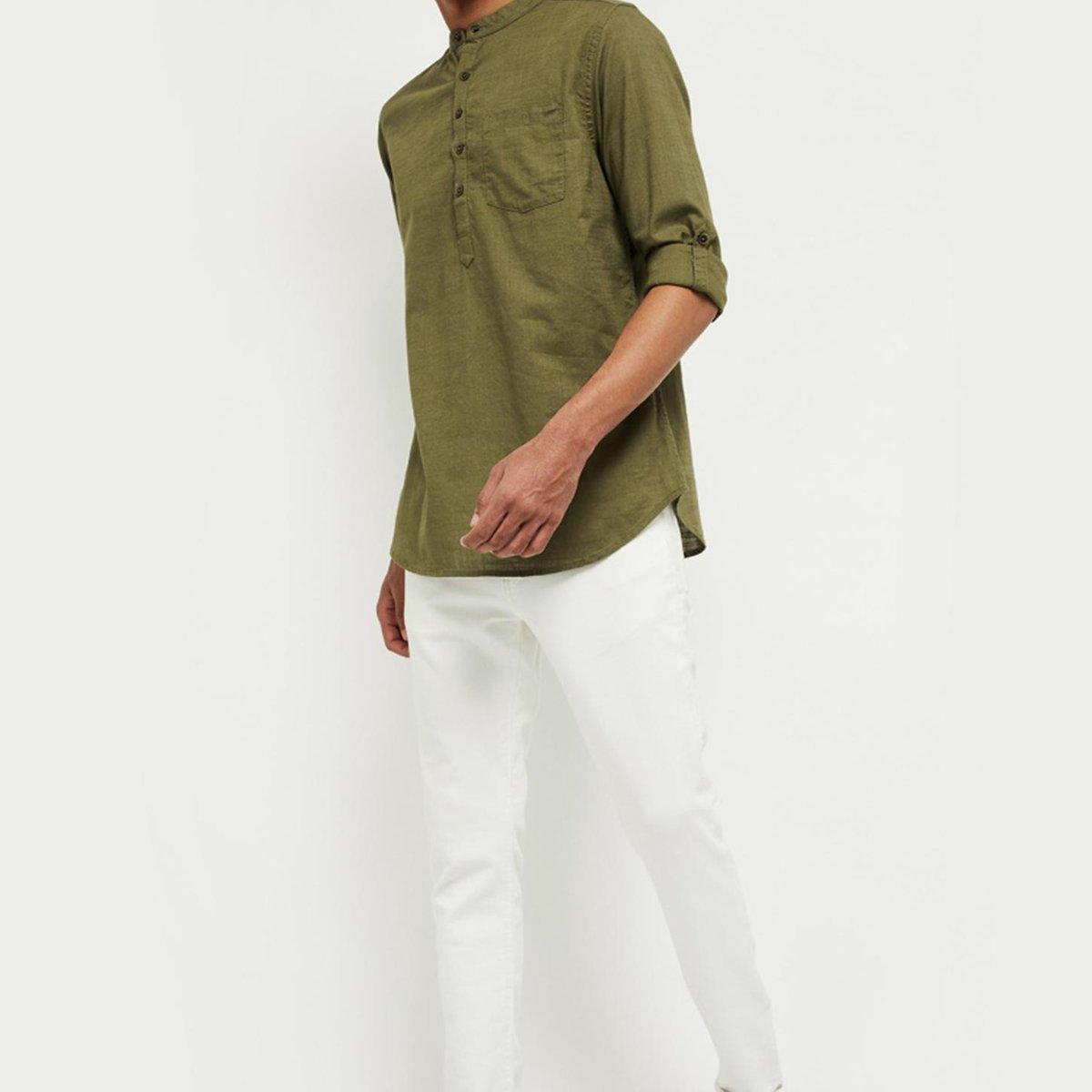 Men Olive Green Solid Short Length Kurta - Fabmade