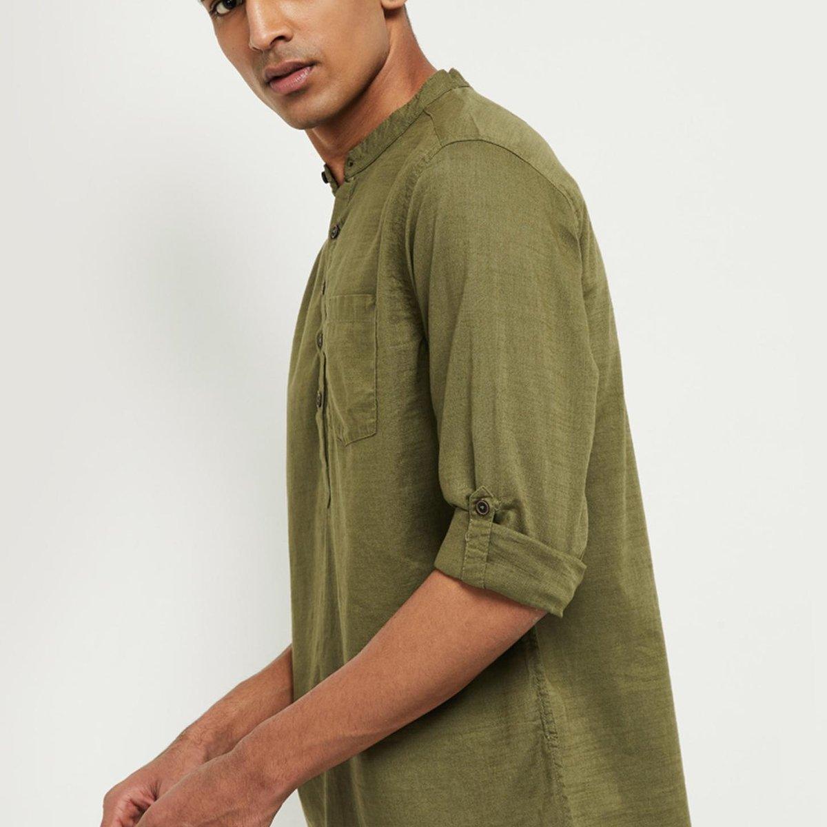 Men Olive Green Solid Short Length Kurta - Fabmade