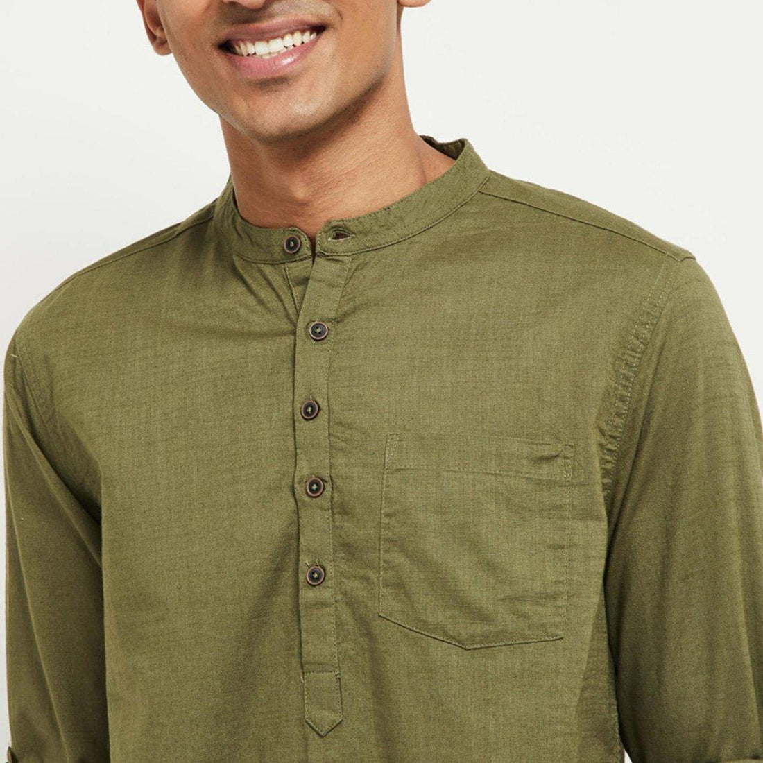 Men Olive Green Solid Short Length Kurta - Fabmade