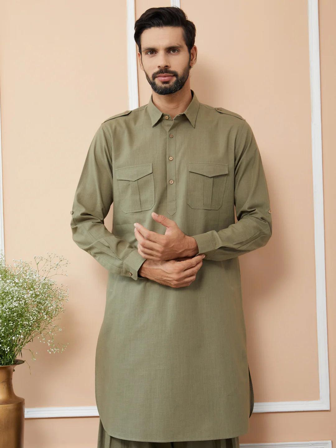 FM - Olive Cotton Linen Pathani kurta with Salwar - Fabmade