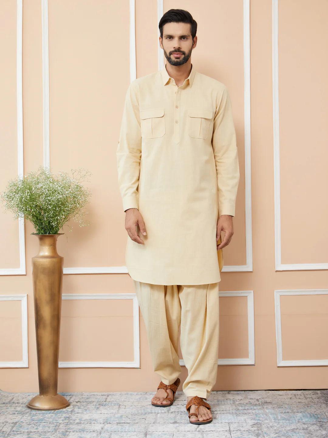 FM - Beige Cotton Linen Pathani kurta with Salwar - Fabmade