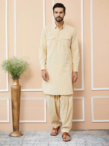 FM - Beige Cotton Linen Pathani kurta with Salwar - Fabmade