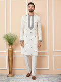 Cream Embroidered Chanderi Silk Straight Kurta Pajama - Fabmade