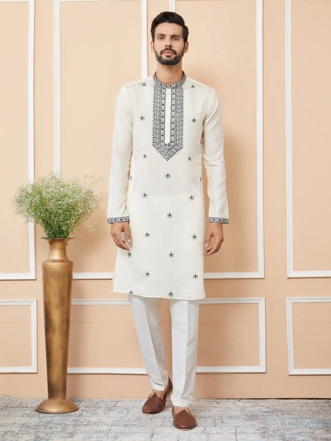 Cream Embroidered Chanderi Silk Straight Kurta Pajama - Fabmade