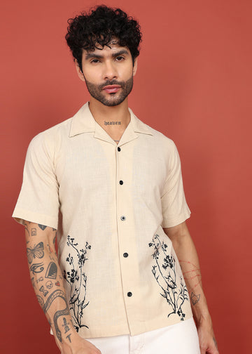 Beige Bloom Embroidered Resort Shirt