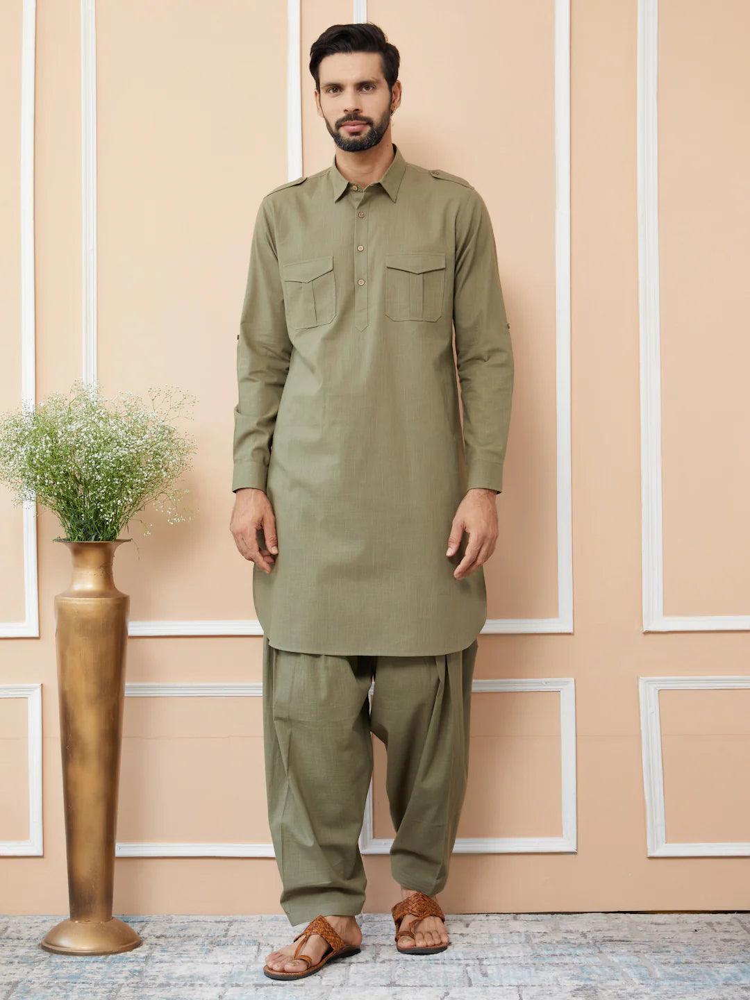 FM - Olive Cotton Linen Pathani kurta with Salwar - Fabmade