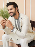 Cream Embroidered Chanderi Silk Straight Kurta Pajama - Fabmade