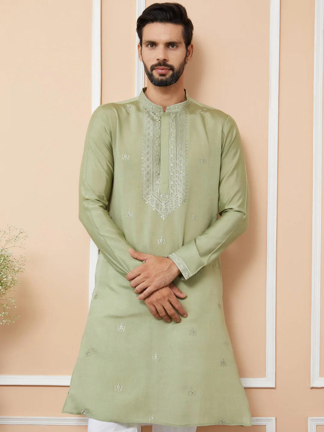 Olive Embroidered Chanderi Silk Straight Kurta Pyjama - Fabmade