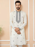 Cream Embroidered Chanderi Silk Straight Kurta Pajama - Fabmade