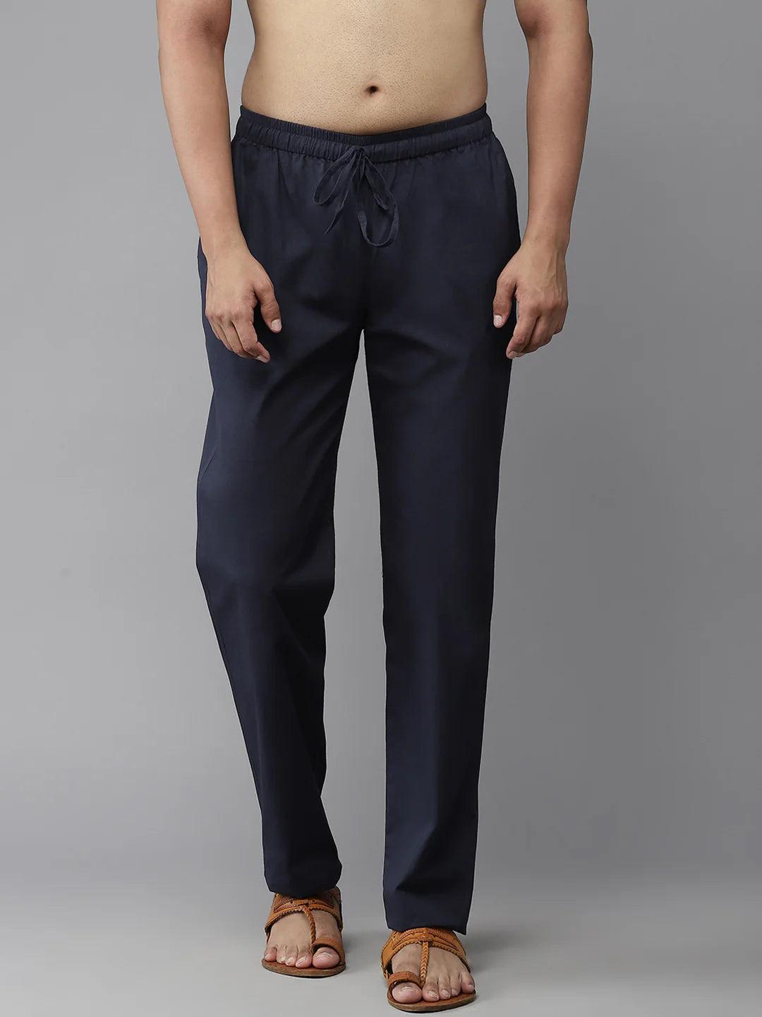 Men's  Navy Blue Cotton Linen Pyjama - Fabmade