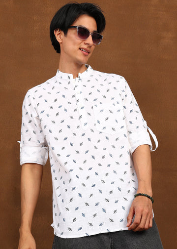 Fabmade Ivory Leaf Linen Kurta