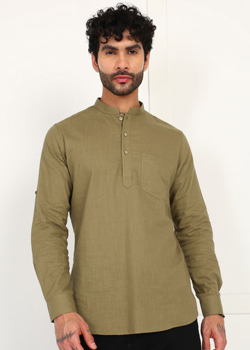 Fabmade Olive Root Linen Short Kurta