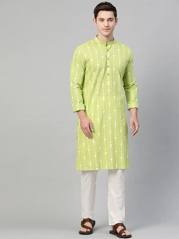 Lime Green and white printed straight kurta - Fabmade