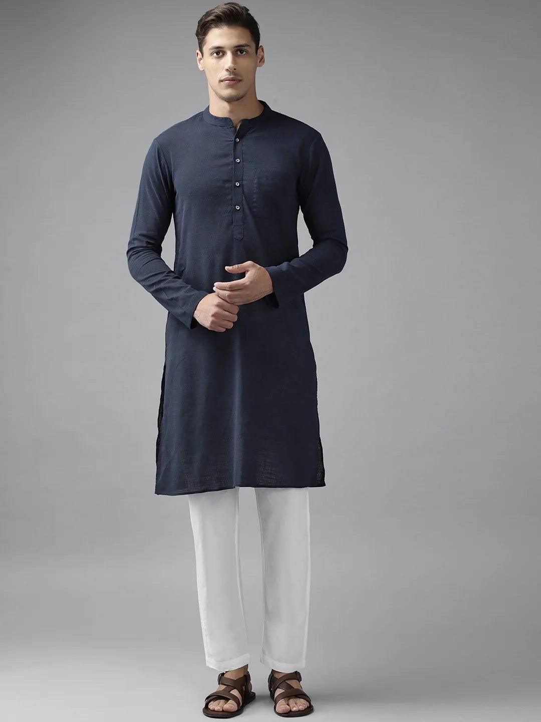 FM-Men Navy Blue Cotton Linen kurta - Fabmade