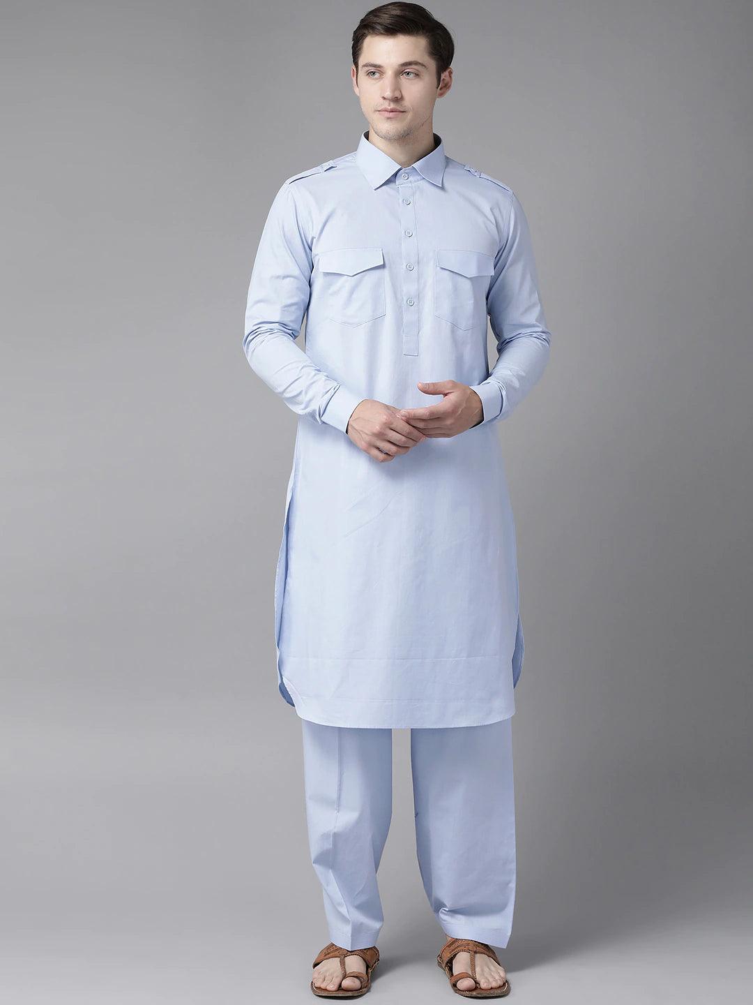 FM -  Men Sky Blue Pathani Suits - Fabmade