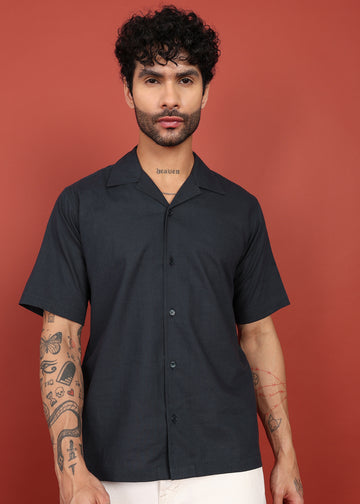 Midnight Black Cuban Collar Shirt