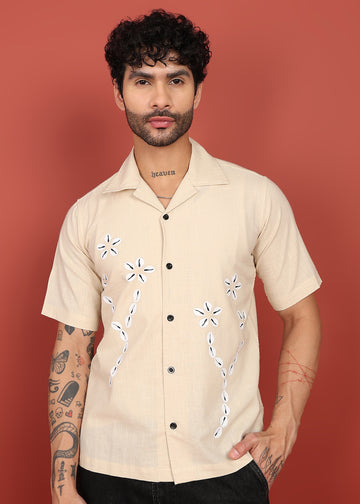 Men’s Beige Linen Embroidered Resort Shirt